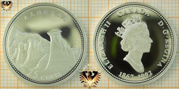 25 Cents, Quarter Dollar, 1/4 Dollar, Canada, 1992, Alberta Quarter, Gedenkmünze 125 Jahre Kanadische Konföderation, 1867-1992, Silbermünze