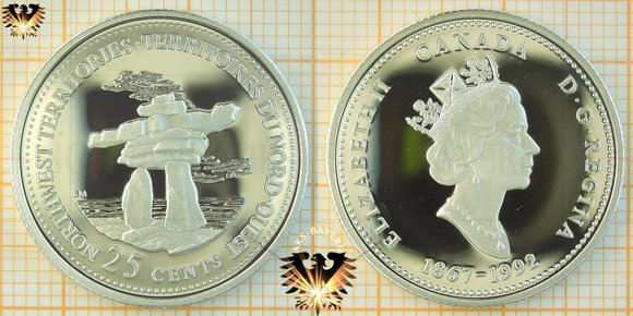 25 Cents, Quarter Dollar, 1/4 Dollar, Canada, 1992, Northwestern Territories Quarter, Gedenkmünze 125 Jahre Kanadische Konföderation, 1867-1992, Silbermünze