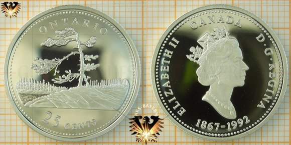 25 Cents, Quarter Dollar, 1/4 Dollar, Canada, 1992, Ontario Quarter, Gedenkmünze 125 Jahre Kanadische Konföderation, 1867-1992, Silbermünze