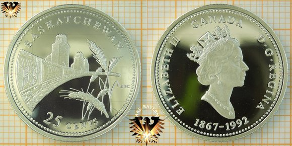 25 Cents, Canada, 1992, Saskatchewan Quarter, 1867-1992, Serie: 125th Confederacy © aukauf.de 