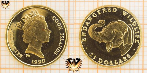 25 Dollars, Cook-Islands, 1990 Endangered Wildlife, Elefant Goldmünze © aukauf.de 