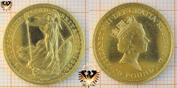 Britannia viertel Unze Feingold, 1996, England, Elizabeth II, Gold Münze zur Anlage