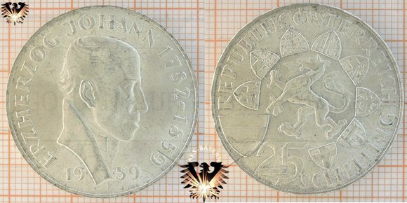 Silbermünze zu 25 Schilling (ATS) für Erzherzog Johann aus dem Jahr 1959.