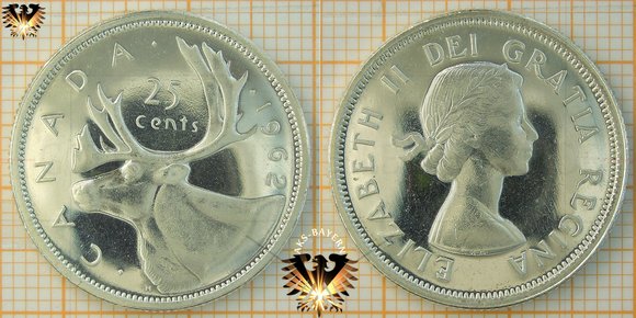 25 Cents, Quarter, 1/4 Dollar, Canada, 1962, Elizabeth II, Caribou, Rentier, 1953-1964, 1968, Umlaufmünze, Silbermünze
