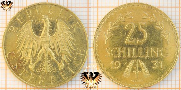 25 Schilling, 1931, 1. Republik Österreich, Gold © aukauf.de 