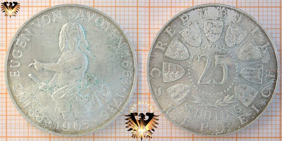 25 Schilling, 1963, Prinz Eugen von Savoyen, Österreich, Silbergedenkmünze © aukauf.de 