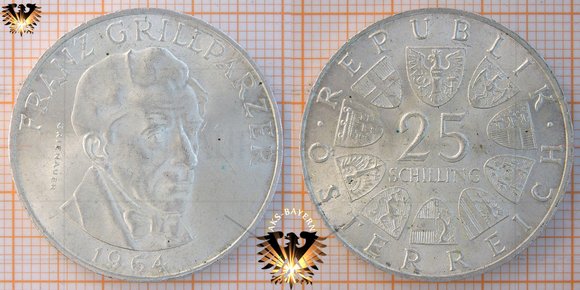 25 Schilling (ATS), Österreich, 1964, Franz Grillparzer, Silbermünze