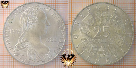 25 Schilling, 1967 Maria Theresia, Österreich, Silber Sondermünze © aukauf.de 