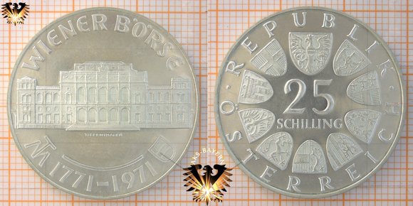 25 Schilling, 1971, Wiener Börse, 1771 - 1971, Gedenkmünze, Silbermünze © aukauf.de 