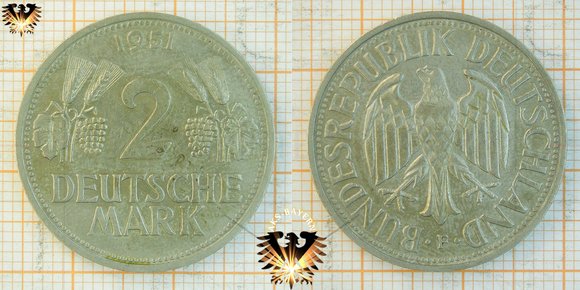 2 DM Münze, Mark, 1951 F, Trauben und Ähren. EINIGKEIT UND RECHT UND FREIHEIT.