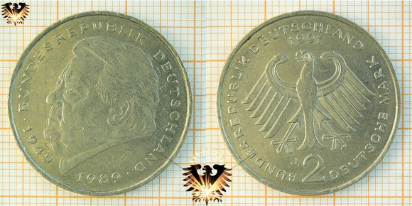 2 Mark, DM, BRD, Franz Josef Strauss, 1949 Bundesrepublik Deutschland 1989 - 40 Jahre Bundesrepublik - EINIGKEIT UND RECHT UND FREIHEIT