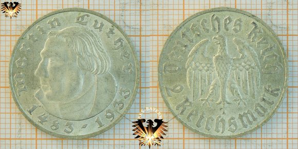 2 Reichsmark Münze, 1933, Martin Luther Gedenkmünze © AuKauf.de