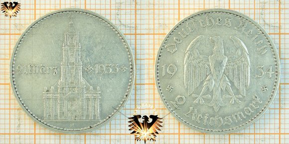 2 Reichsmark, 2 RM, 1934, Garnisonskirche A, D, E, F, G, J - Gemeinnutz steht vor Eigennutz.