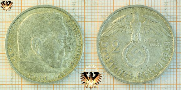 2 Reichsmark, 1938, Hindenburg Reichs- Silbermünze © AuKauf.de