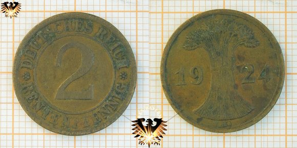 2 Rentenpfennig 1924, Weizenbündel, Deutsches Reich Münze © AuKauf.de