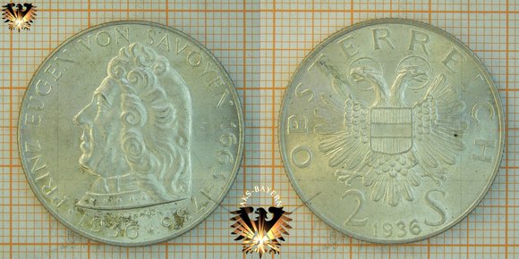 2 Schilling (1. Republik Österreich), 1936, Eugen von Savoyen zum 200. Todestag, 1663-1736