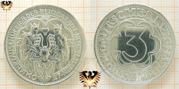 3 Reichsmark, 1927 A, Gedenkmünze 1000 Jahre Reichsstadt Nordhausen © AuKauf.de