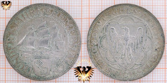 3 Reichsmark, RM, 1927, Silbermünze, Hundert Jahre Bremerhaven - Sammlermünze - NAVIGARE NECESSE EST (Seefahrt ist notwendig)