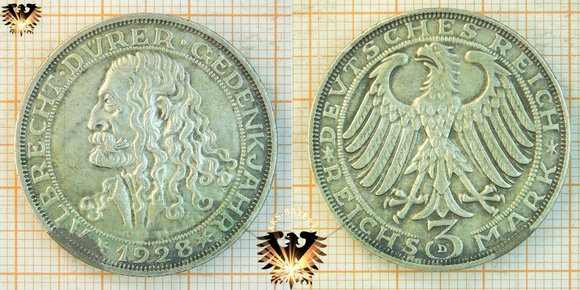 3 Reichsmark, 1928 D, Weimarer Republik, Deutsches Reich, 400. Todestag von Albrecht Dürer - EHRT EURE DEUTSCHEN MEISTER