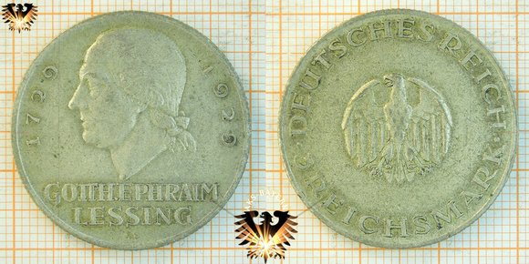 3 Reichsmark 1929, Weimarer Republik. Gotthold Ephraim Lessing 1729 - 1929, Silbermünze.