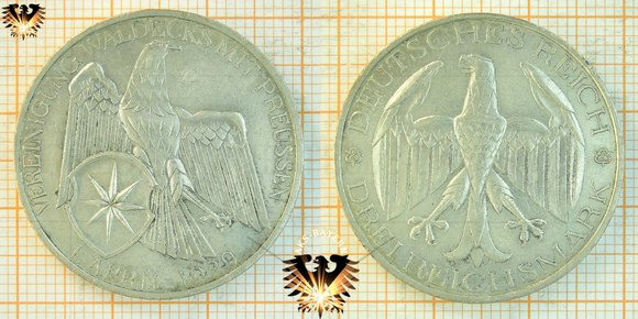 3 Reichsmark Münze, 1929, Vereinigung Waldecks mit Preussen, 1. April 1929 - EINIGKEIT UND RECHT UND FREIHEIT.