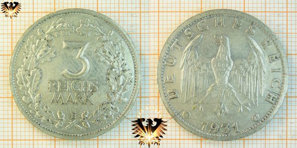3 Reichsmark, 1931, 1932, 1933, Deutsches Reich, Weimarer Republik © AuKauf.de