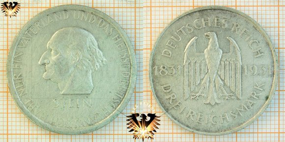 3 Reichsmark, 1931A, Stein, ICH HABE NUR EIN VATERLAND UND DAS HEISST DEUTSCHLAND