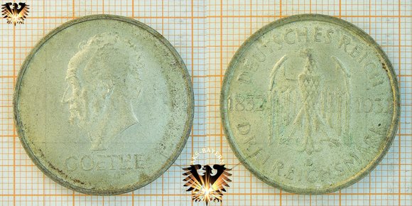 3 Reichsmark, 1932, Goethe`s 100. Todestag - Silbermünze - ALLEN GEWALTEN ZUM TRUTZ SICH ERHALTEN
