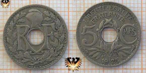 5 ¢ / 5 Centimes Münze mit Loch aus der 3. Republique Francaise, geprägt von 1920-1938.