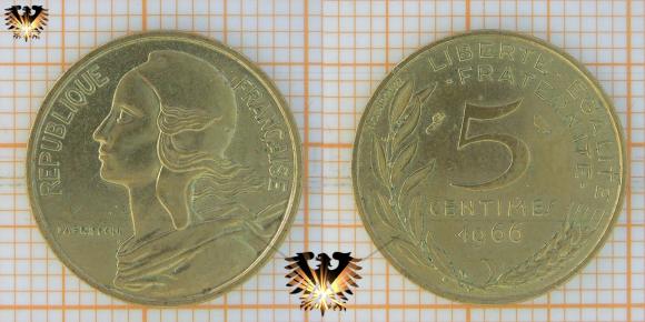 5 ¢, 5 Centimes, Frankreich / France, 1966, Umlaufmünze, Fünfte Republik, Marianne mit Haube