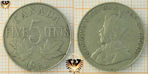 Five Cents, Canada, 1922, Georgivs V, George V, Umlaufmünze, 1922-1936