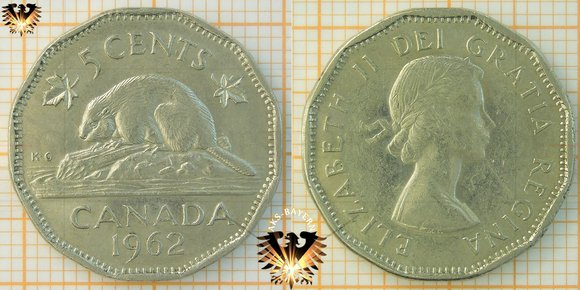 5 Cents, Canada, 1962, Elizabeth II, Biber, 1955-1962 © aukauf.de 