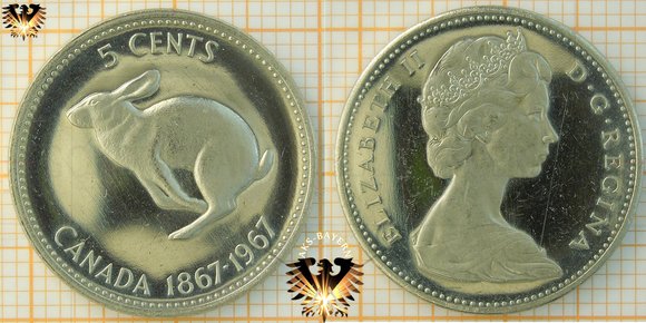 5 Cents, Canada, 1967, Elizabeth II, Hase, 1867-1967 © aukauf.de 