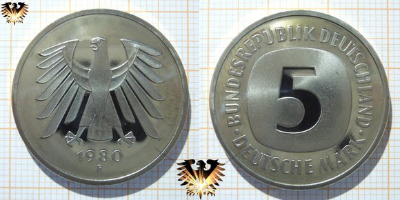 5 D-Mark Nominal Geld Kursmünze aus der Bundesrepublik Deutschland. Geprägt von 1975 bis 2001. Randinschrift: EINIGKEIT UND RECHT UND FREIHEIT.