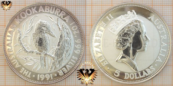 5 Dollars, 5 Australian Dollars (australische Dollar), 1991, Australian Kookaburra, 1 Unze Feinsilber Bullionmünze,Anlagemünze