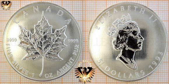 Anlagemünze: CAN, 5 Dollars, 1993, Canada, Maple Leaf 1 Unze Feinsilbermünze, Bullion Silbermünze
