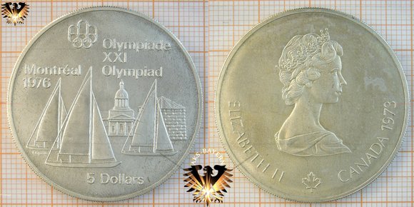 5 $, 5 Canadian Dollars, 1973, XXI Olympiade Montréal Olympics 1976, Serie I, Sailingboats, Segelschiff, Silbermünze