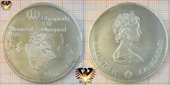 5 Dollars, Canada, 1973, Elizabeth II, XXI Olympiad Montréal 1976, Series I, Landkarte Nord-Amerika © aukauf.de 