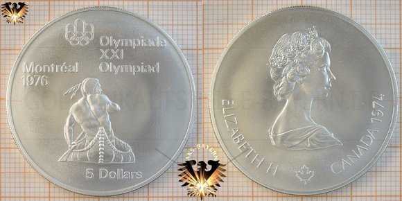 5 $, 5 Canadian Dollars, 1974, XXI Olympiade Montréal Olympics 1976, Serie III, Indianer Kanufahrer, Silbermünze