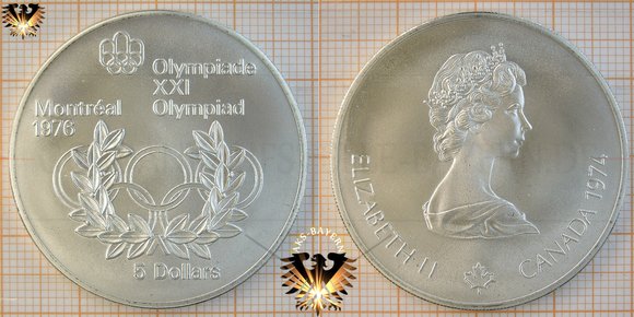 5 Dollars, Canada, 1974, Elizabeth II, XXI Olympiad Montréal 1976, Olympische Ringe / Olympic Rings. © aukauf.de 