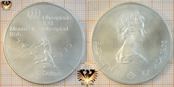 5 $, 5 Canadian Dollars, 1975, XXI Olympiade Montréal Olympics 1976, Serie IV, Speerwurf Damen, Silbermünze