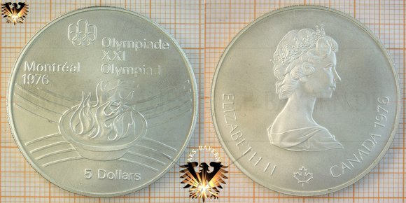 5 Dollars, Canada, 1975, Elizabeth II, XXI Olympiad Montréal 1976, Series VII, Olympic Flame © aukauf.de 