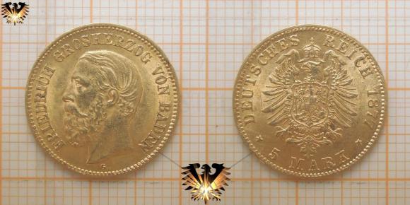 Deutsches Reich, Fünf Reichsmark Münze Gold, 5 RM Großherzog Friedrich I, halbe Krone / 5 Goldmark aus dem Großherzogtum zu Baden.