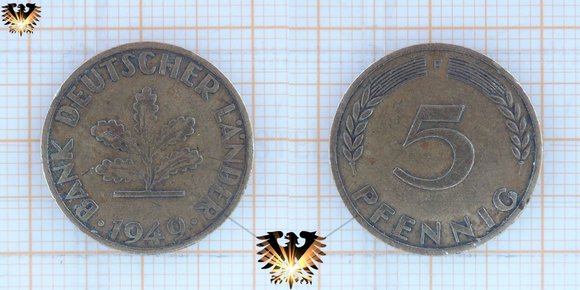 5 Pfennig Münze, 1949 geprägt durch die Bank deutscher Länder. Deutschland zur Zeit alliierter Besatzung.