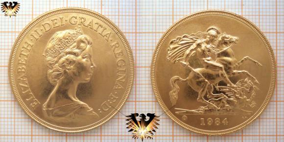 St. Georg und der Drache: Großbritannien, große 5 Pfund Münze aus Gold / 5 facher Sovereign, 1984