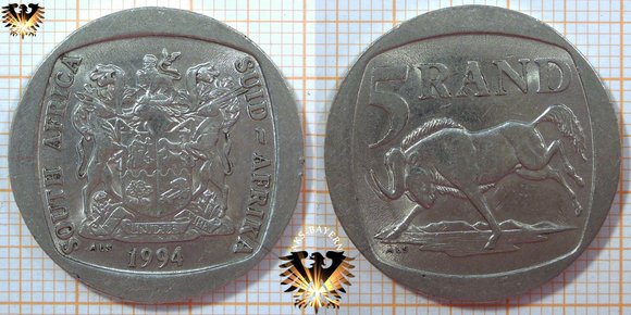 5 R, 5 Rand, Suid Afrika - South Africa, 1994, angled, white tailed wild beest
