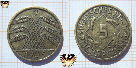 5 Reichspfennig 1935, Weizenähren. Weimar Republik © AuKauf.de