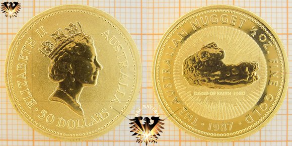 50 AUD, 50 Dollars, 1987, Australia, Hand of Faith 1980, 1/2 oz. Gold © aukauf.de 