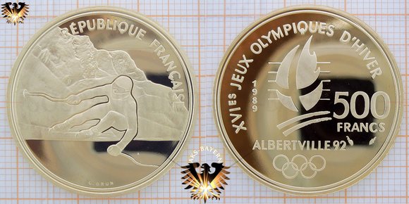 500 Francs, Frankreich, 1989, XVIes Jeux Olympiques D´Hiver, Albertville 1992, Ski descente, Ski Alpin © aukauf.de 