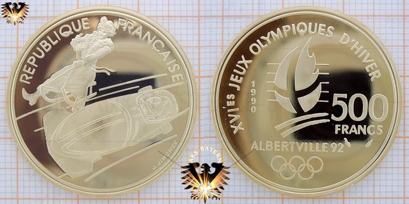 500 ₣, 500 Francs, 1990, Frankreich, XVIes Jeux Olympiques D´Hiver / 16. Olympische Winterspiele, Albertville 1992, bob à deux / Bobfahren, Gold-Münze